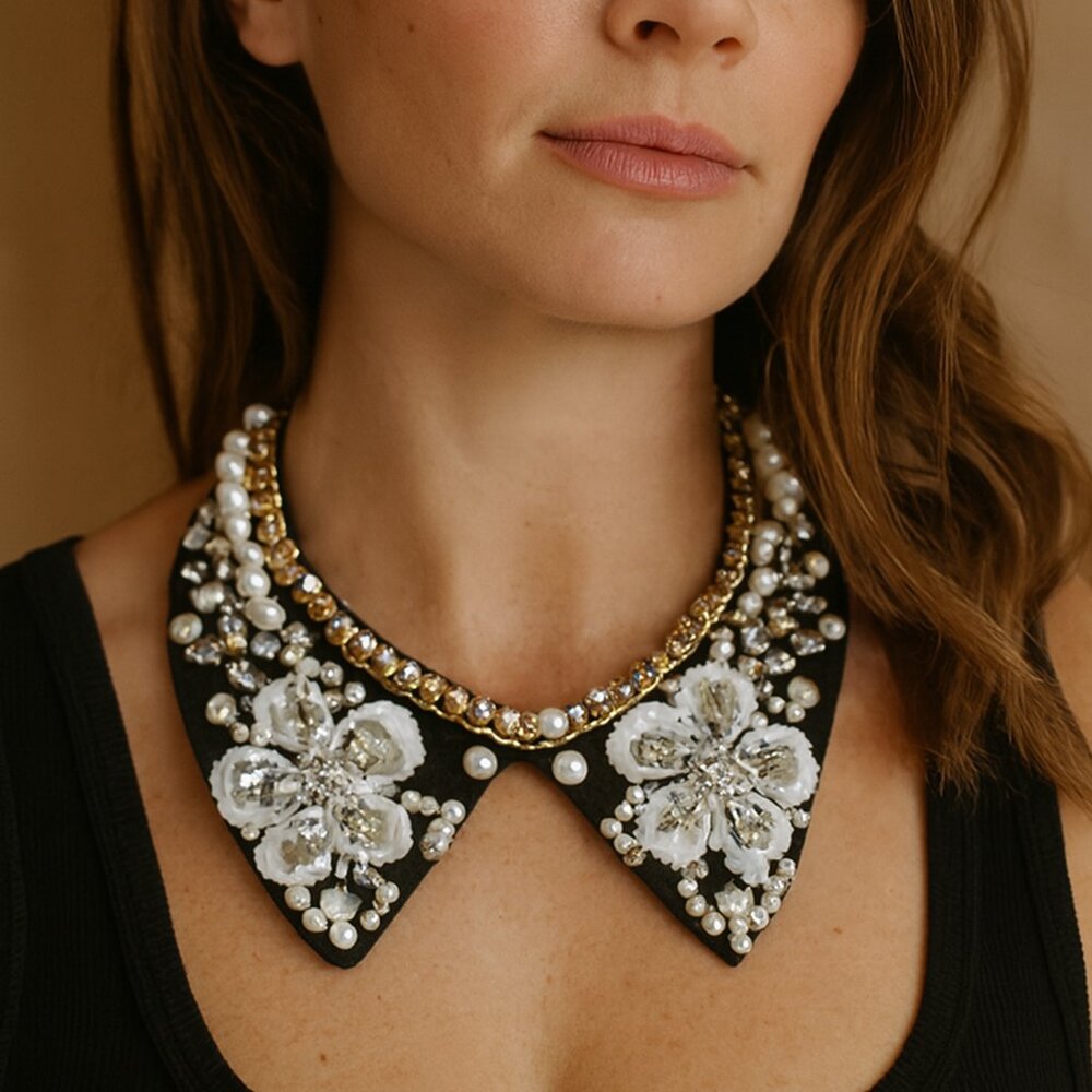 Pearl Rhinestone Bib Collar Necklace Statement Costume Jewelry